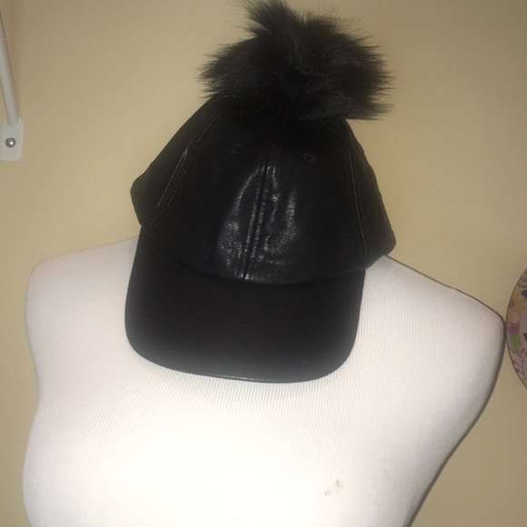 SOLD: Faux Fur/Faux Leather Pom Pom Baseball Cap (Hat) - Picture 2 of 7